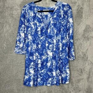 CD Daniels 2X Top Shirt Blue Abstract Tab 3/4 Sleeve Henley V Neck Stretch Women